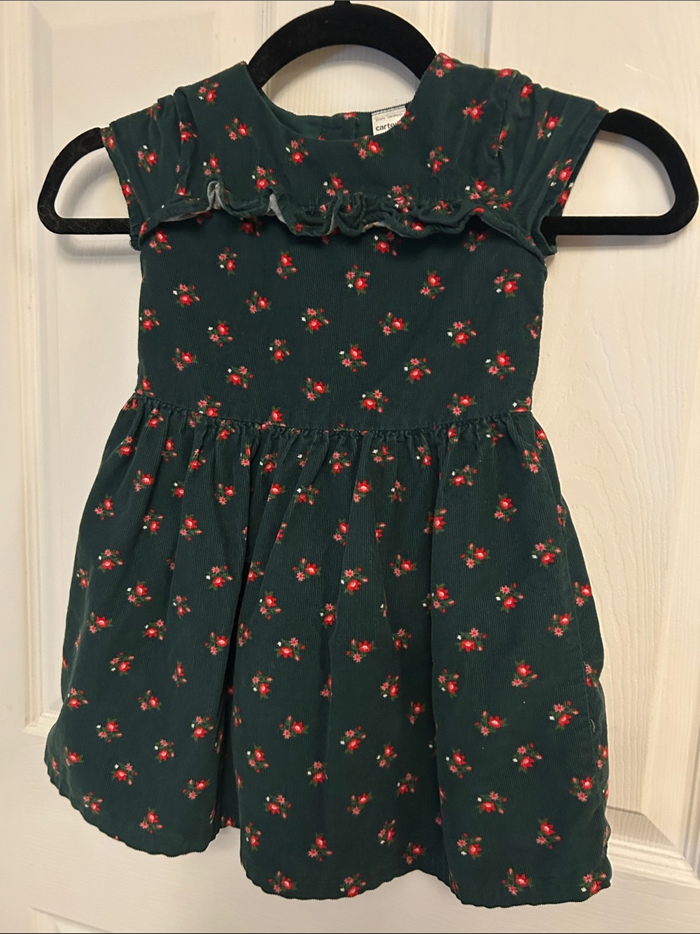 Adorable Carters girls 3T green corduroy dress with flowers and ruffle trim